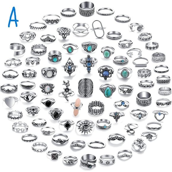 New 82 Pcs Silver Vintage Rings Set AND 45 Pairs Silver Bohemian Dangle … - Picture 3 of 9